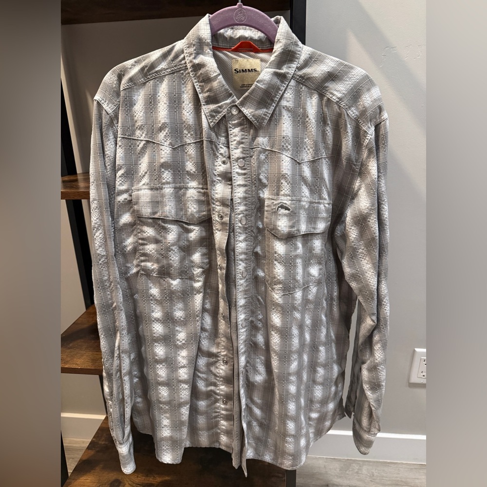 Simms Light Gray Fishing Textured Plaid Shirt